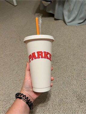 Dunkin x Parke White Tumbler Cup with Orange 'PARKE' Logo and Orange Straw